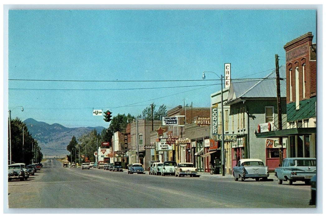 c1960's Main Street View Cafe Hotel Cars Whitehall Montana MT Vintage Postcard