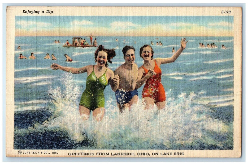 c1940's Greetings From Lakeside Ohio OH, On Lake Erie Bathing Beautis Postcard