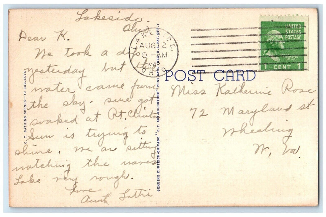 c1940's Greetings From Lakeside Ohio OH, On Lake Erie Bathing Beautis Postcard