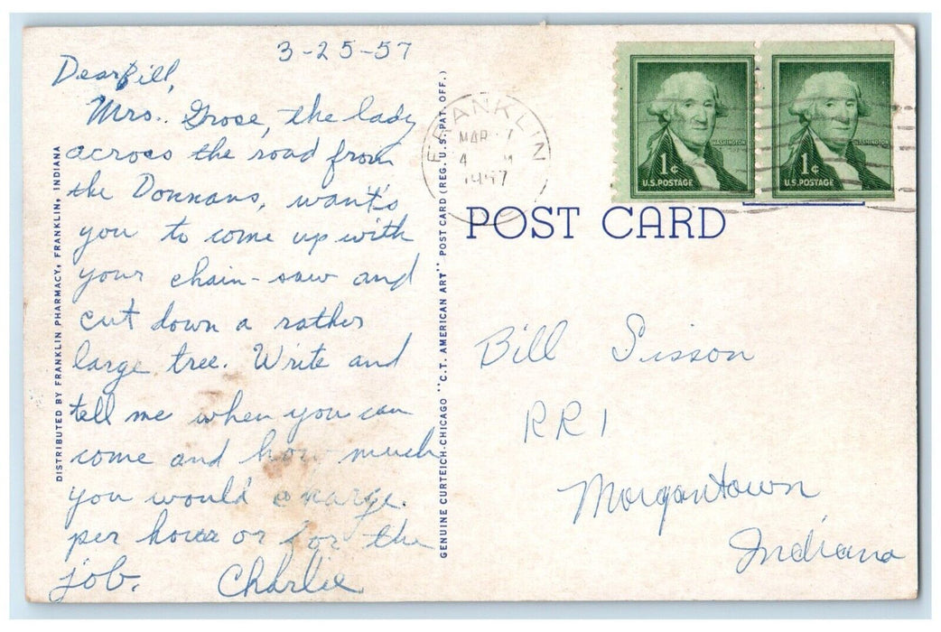 1957 Exterior View Johnson County Memorial Hospital Franklin Indiana IN Postcard
