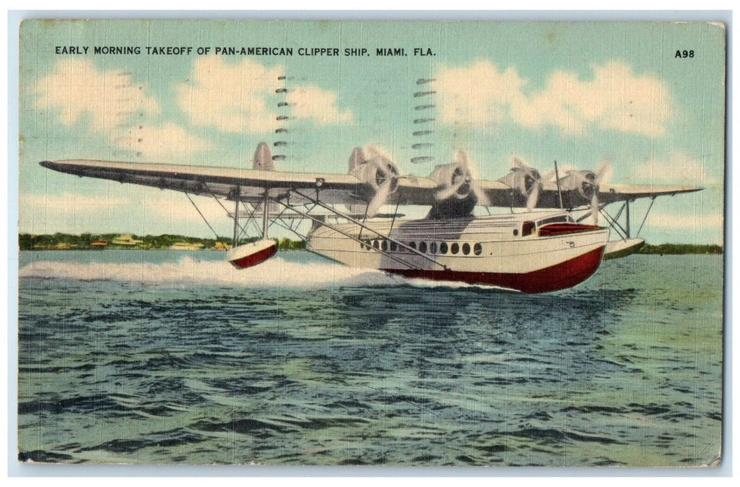 1942 Early Morning Takeoff Pan-American Clipper Ship Miami Florida FL Postcard