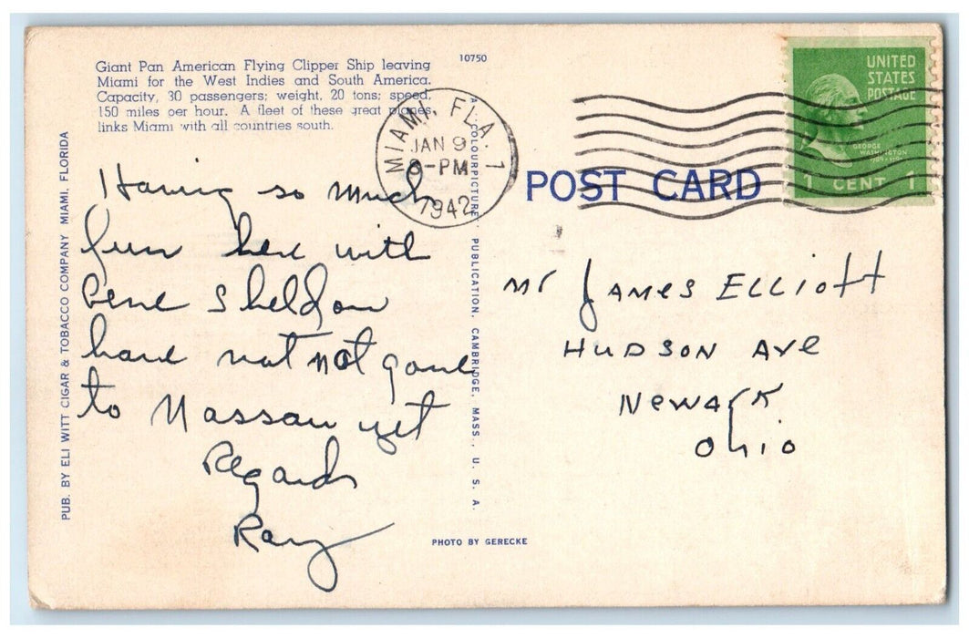 1942 Early Morning Takeoff Pan-American Clipper Ship Miami Florida FL Postcard
