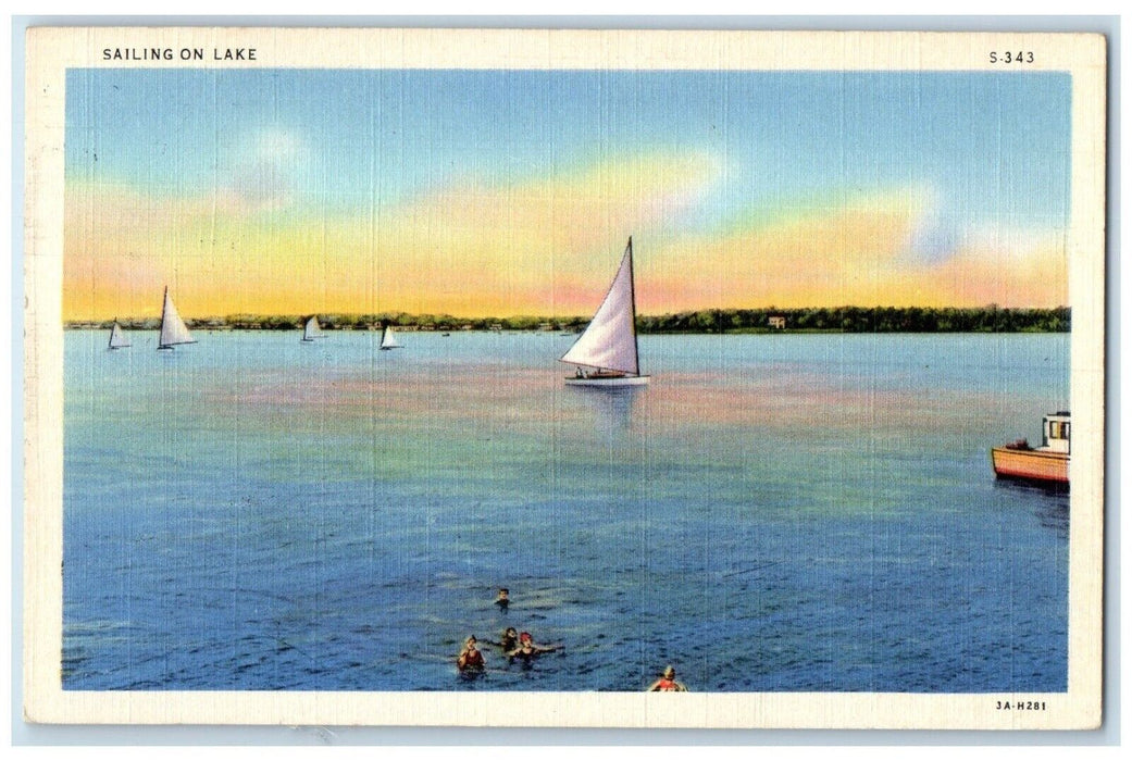 1941 Scenic View Bathing & Sailing Lake Mercer Wisconsin Posted Vintage Postcard