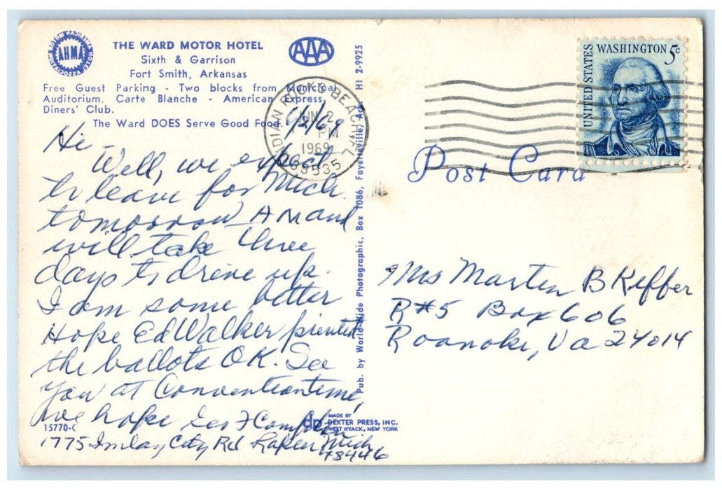 1969 Roadside View Ward Motor Hotel Building Fort Smith Arkansas Posted Postcard