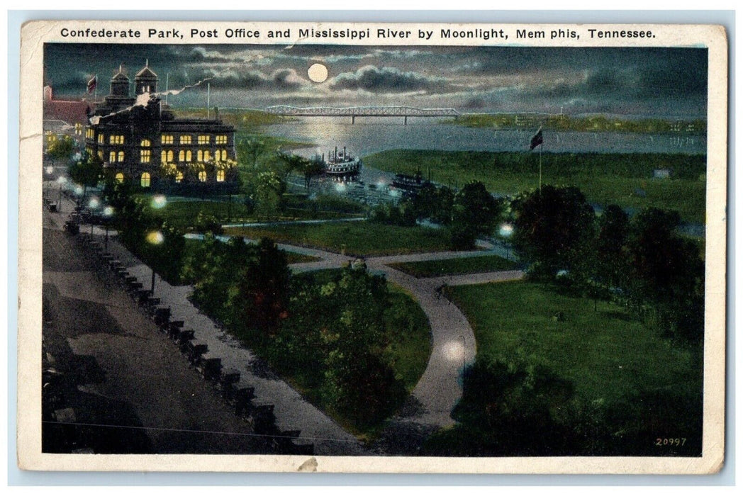 1929 Confederate Park Post Office Mississippi River Moonlight Memphis Postcard