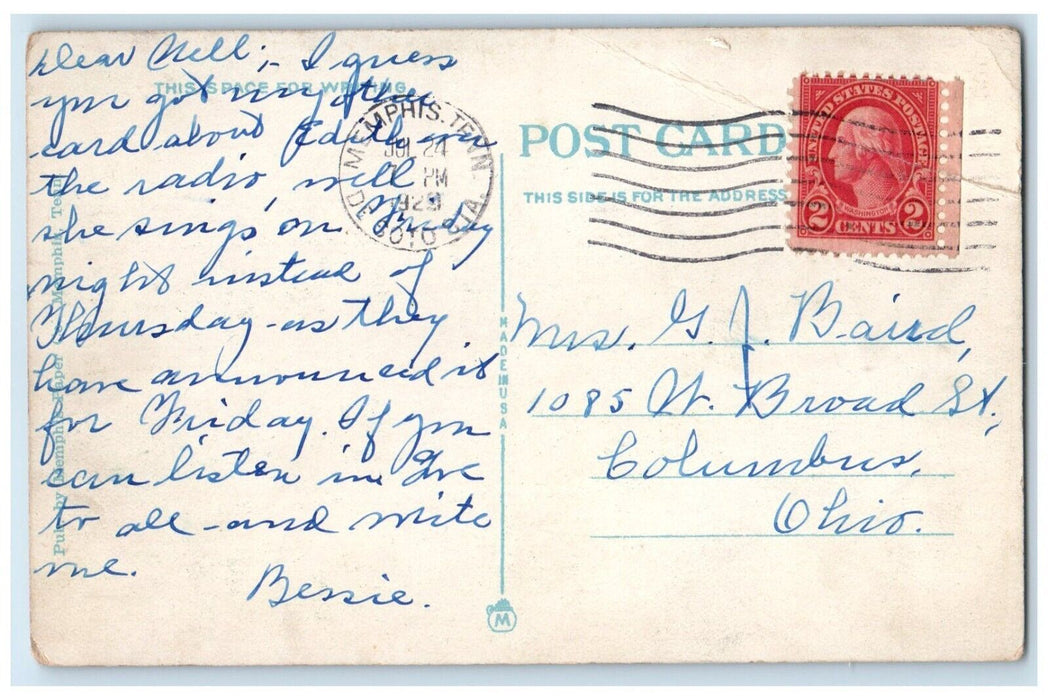 1929 Confederate Park Post Office Mississippi River Moonlight Memphis Postcard