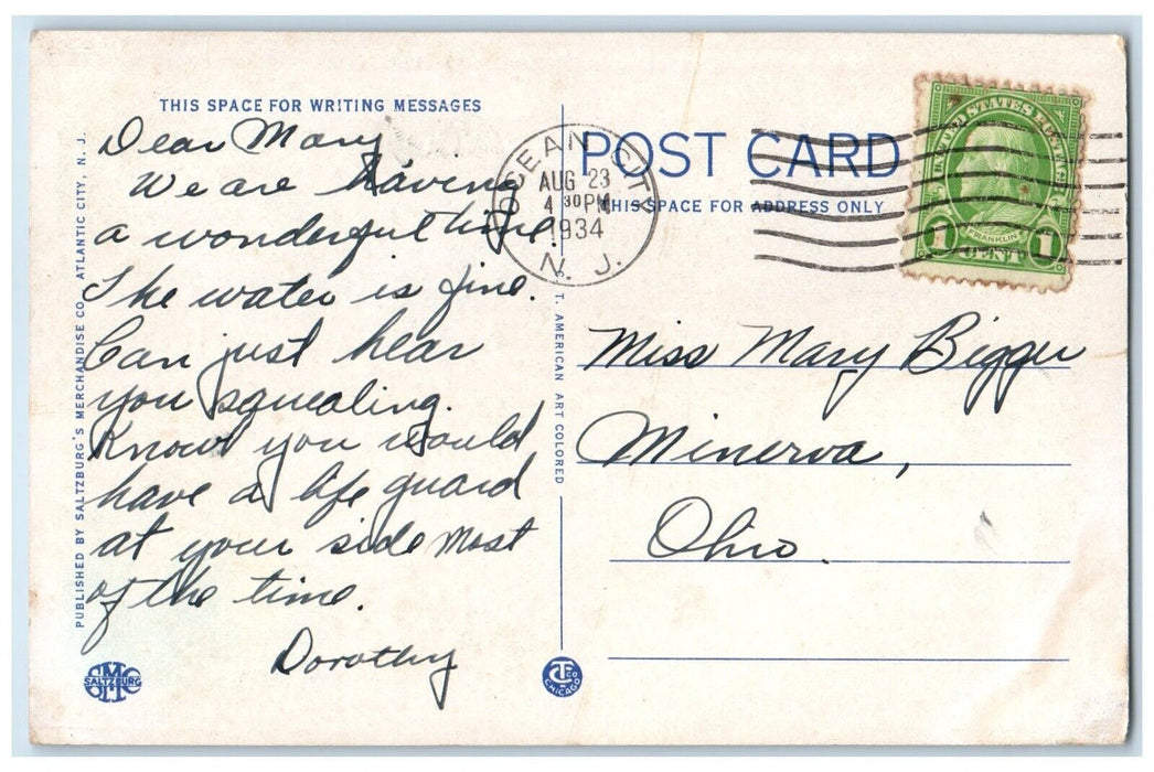 1934 Beach Scene Swimsuit Atlantic City New Jersey NHJ Vintage Antique Postcard