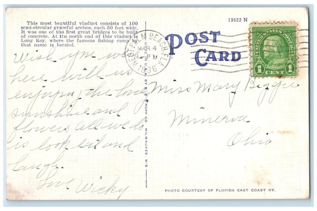 1936 Long Key Viaduct Over-Sea Extension Mainland Florida Key West FL Postcard