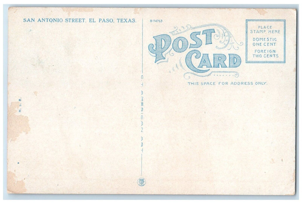 c1910 San Antonio Street Streetcar Exterior Building El Paso Texas TX Postcard