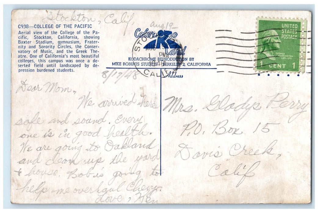 1948 Aerial View Of College Of The Pacific Stockton California CA Postcard