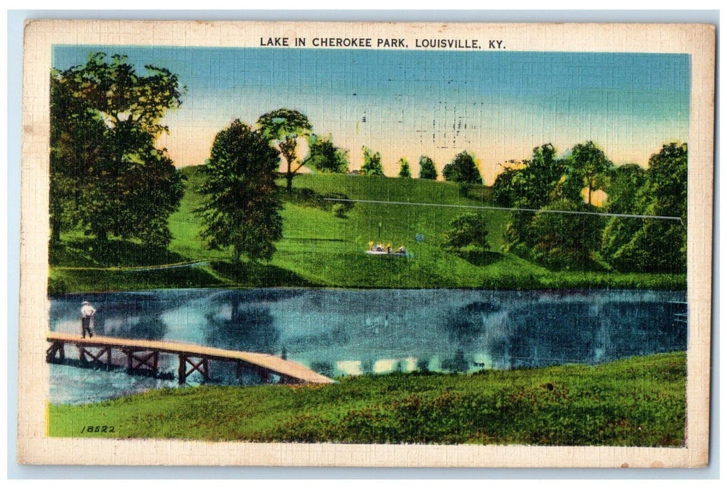 1937 Scenic View Lake Cherokee Park Bridge Trees Louisville Kentucky KY Postcard
