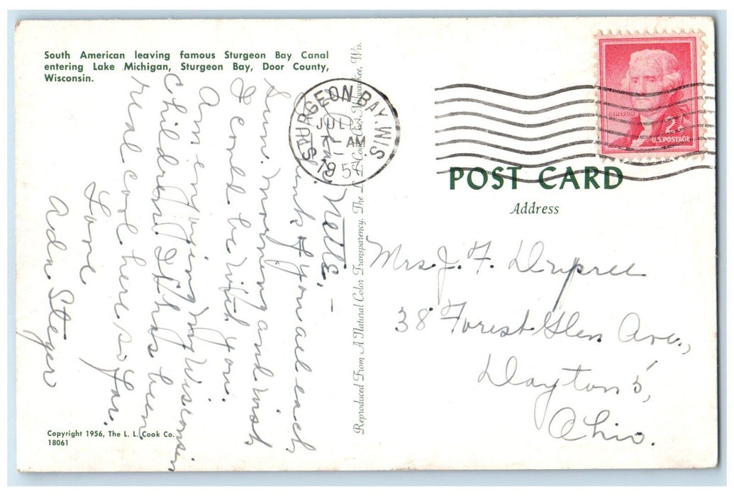 1957 South American Sturgeon Bay Canal Lake Michigan Wisconsin Antique Postcard