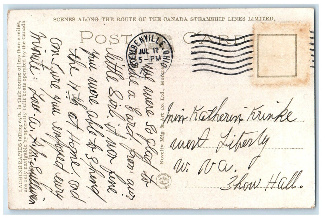 1910 C S L Steamer Ship Lachine Rapids St Lawrence River Canada Vintage Postcard