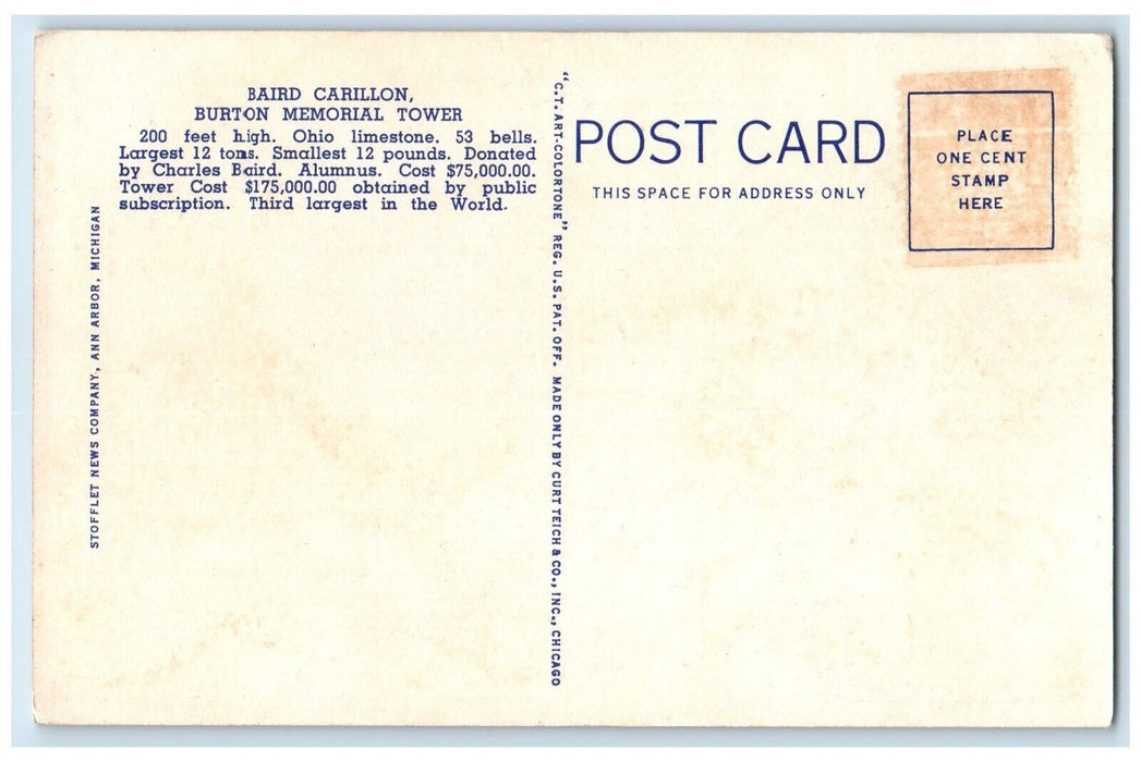 c1940 Baird Carillon Burton Memorial Tower Ann Harbor Michigan Unposted Postcard