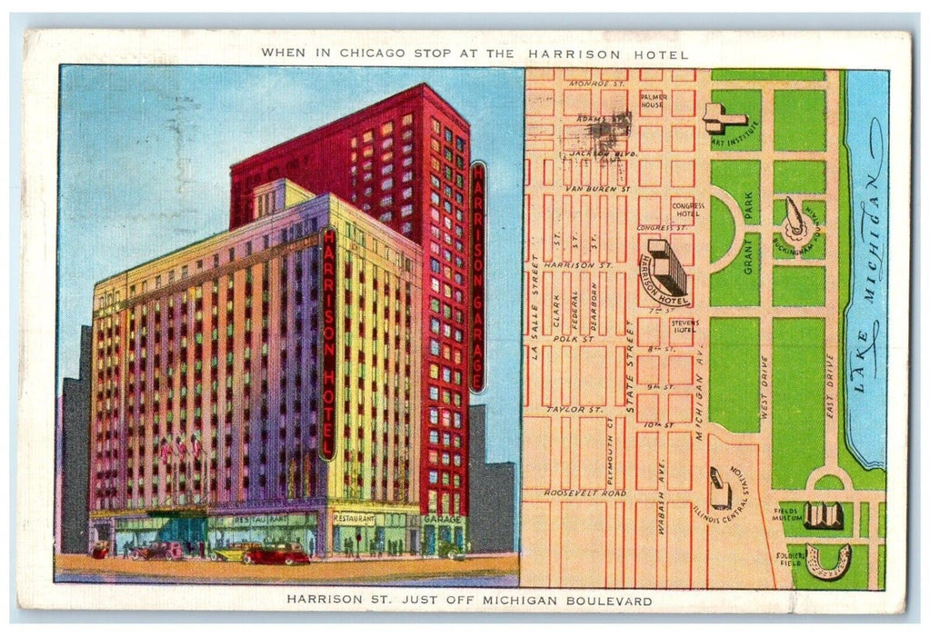 c1940 Chicago Stop Harrison Hotel Building Multi-View Chicago Illinois Postcard