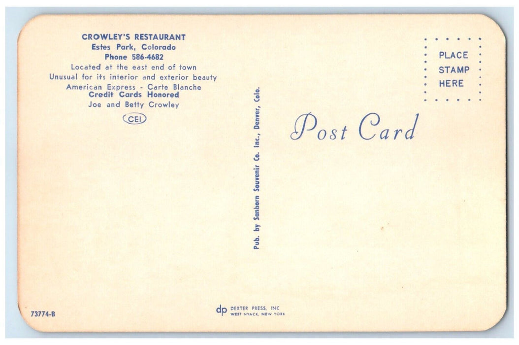 c1950's Crowley's Restaurant Cars Roadside Estes Park Colorado CO Postcard