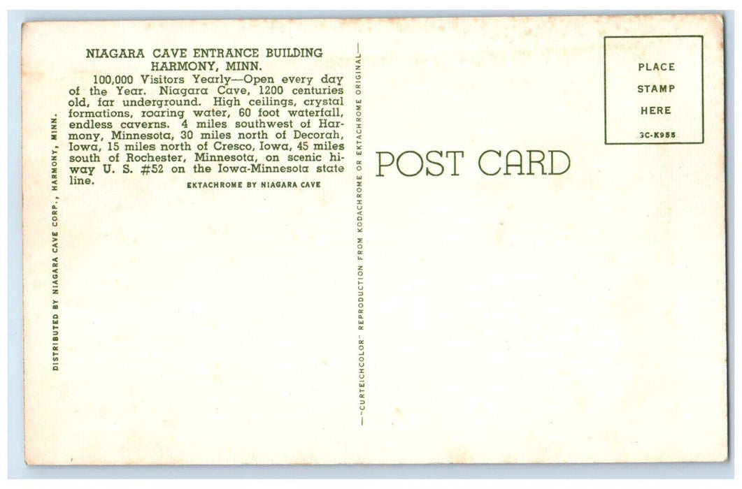 c1940's Niagara Cave Entrance Building Harmony Minnesota MN Vintage Postcard