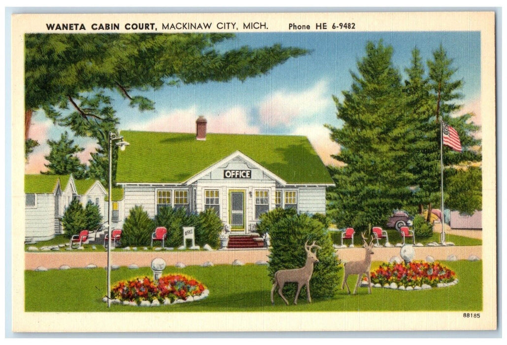 c1930's Waneta Cabin Court Mackinaw City Michigan MI, Office Vintage Postcard