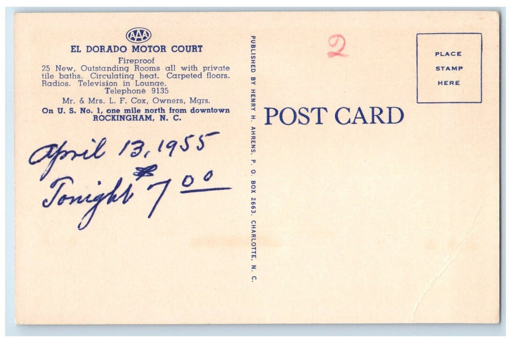 1955 El Dorado Motor Court Roadside Rockingham North Carolina NC Posted Postcard