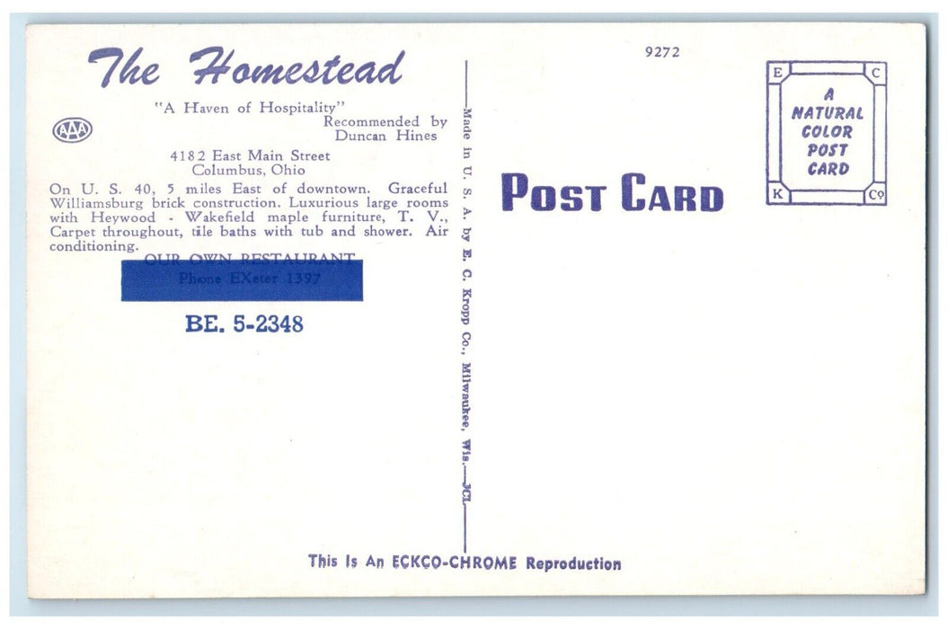 c1950's The Homestead Motel Roadside Columbus Ohio OH Unposted Vintage Postcard