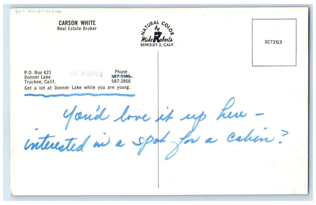 c1950's Carson White Real Estate Broker Truckee CA Advertising Vintage Postcard