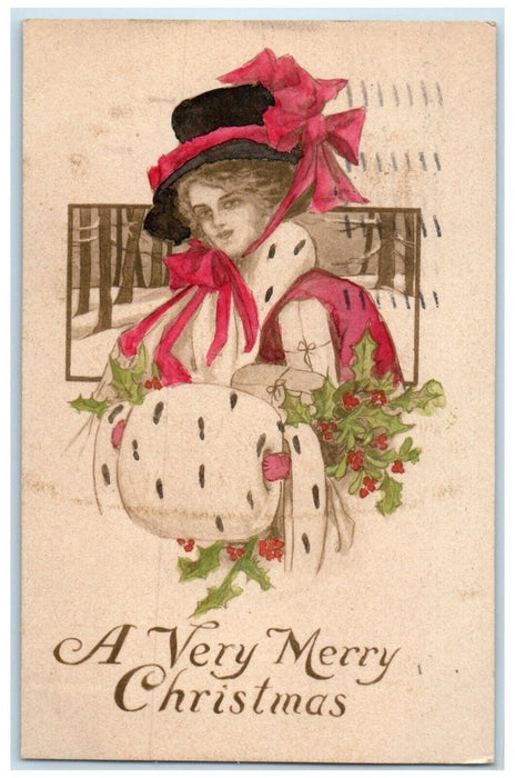 1910 Merry Christmas Pretty Woman Handwarmer Berries Hand Painted Art Postcard