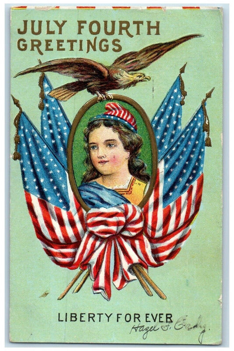 Fourth Of July Greetings Miss Liberty Flags Patriotic Cincinnati OH Postcard