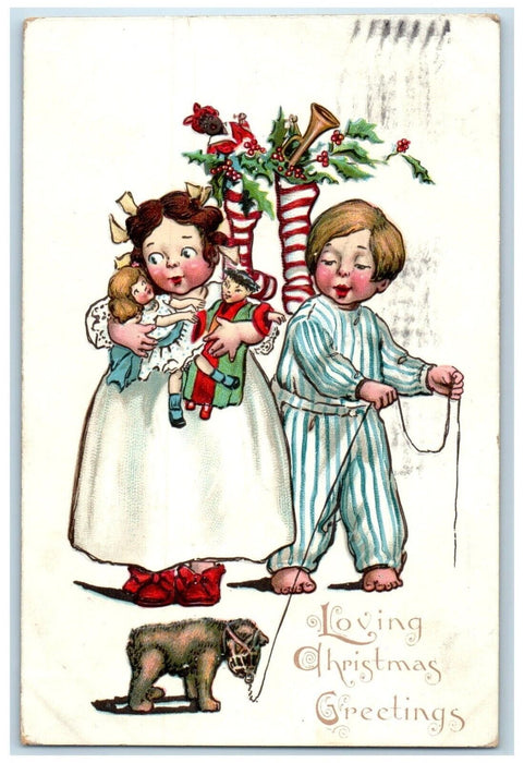 1907 Christmas Greetings Children With Toys Stockings Berries Turck's Postcard