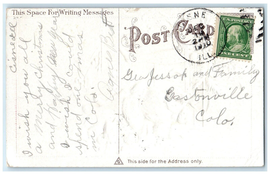 1910 Christmas Wishes Santa Claus Stockings Holly Berries Embossed Postcard