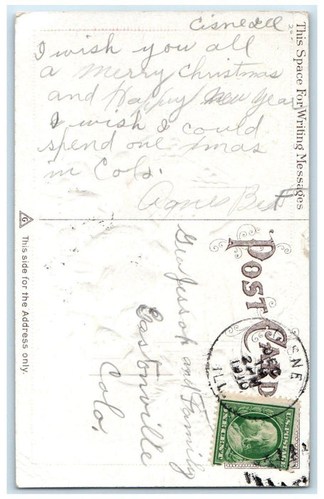 1910 Christmas Wishes Santa Claus Stockings Holly Berries Embossed Postcard
