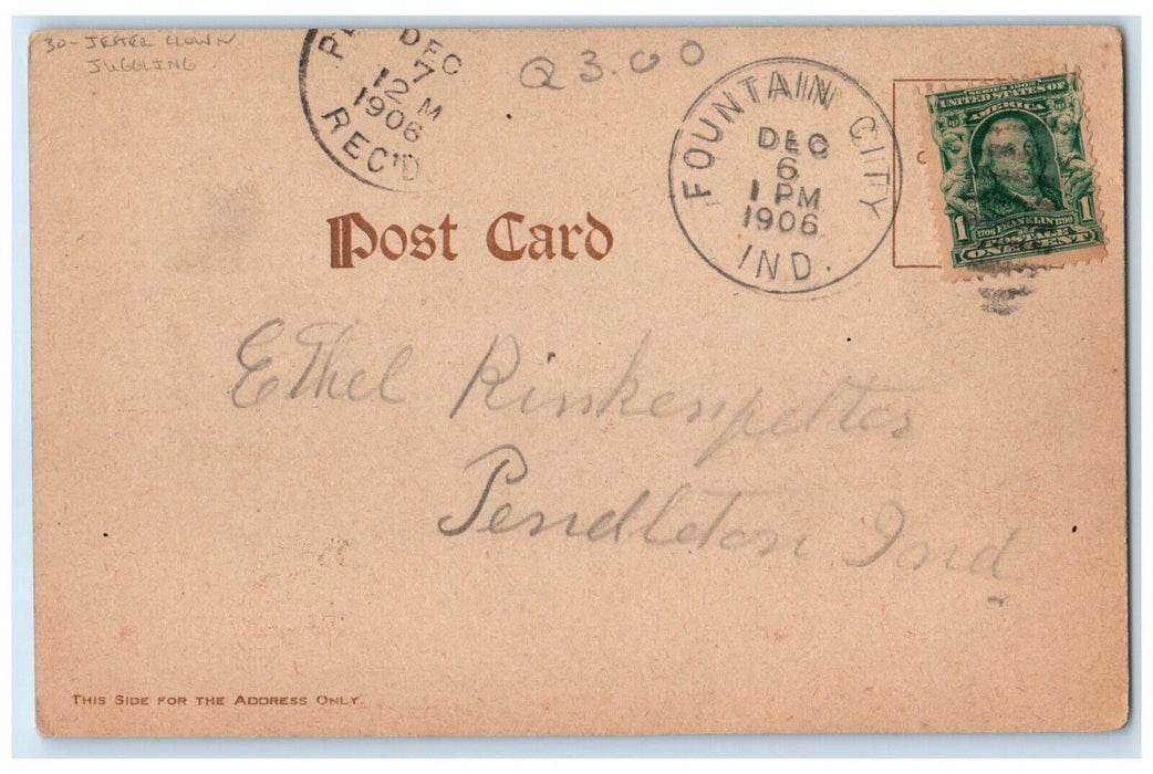 1906 Jester Clown Juggling I Got A Steady Job Fountain City Indiana IN Postcard