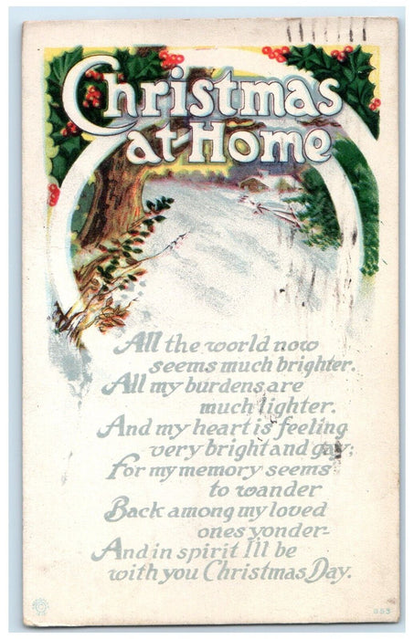 1919 Christmas At Home Holly Berries Winter Tied Christmas Seal Antique Postcard