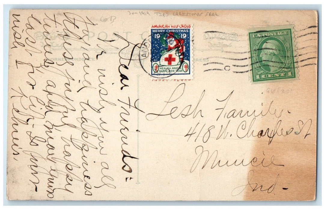 1919 Christmas At Home Holly Berries Winter Tied Christmas Seal Antique Postcard