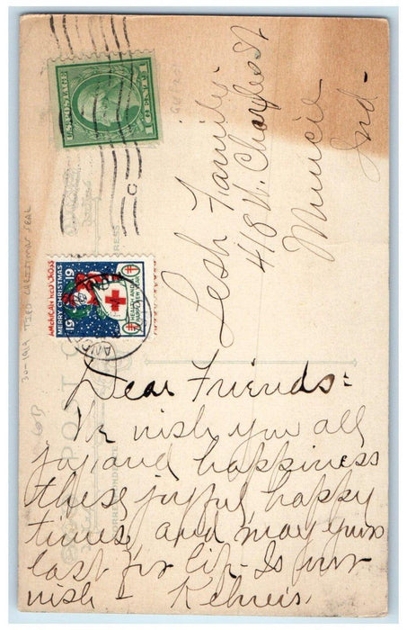 1919 Christmas At Home Holly Berries Winter Tied Christmas Seal Antique Postcard
