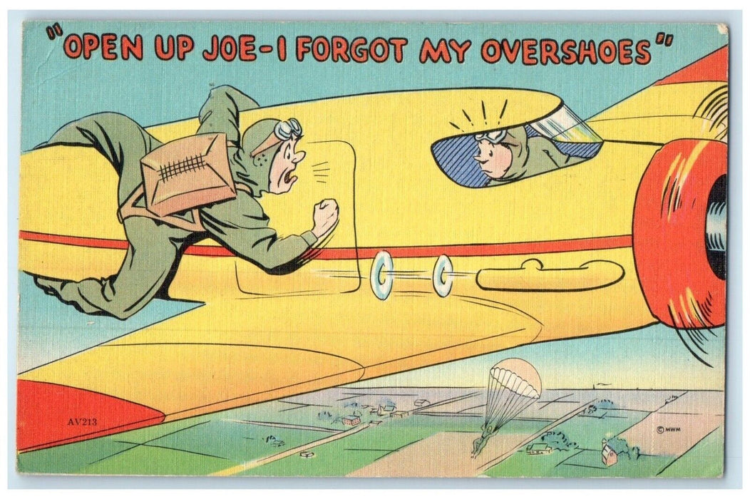 1943 Man Parachute I Forogt My Overshoes WW2 Comic Humor Salem IL Postcard