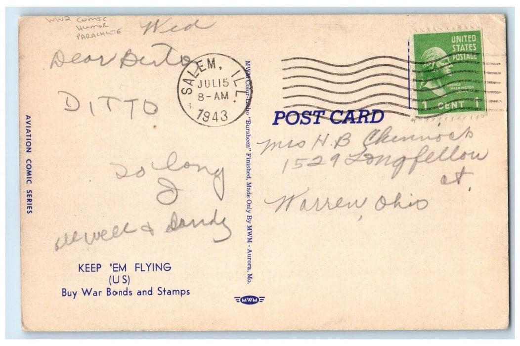1943 Man Parachute I Forogt My Overshoes WW2 Comic Humor Salem IL Postcard