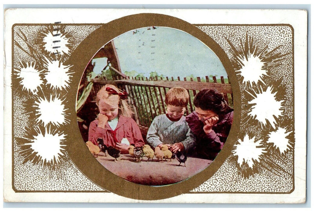 1910 Mother And Children Playing Baby Chicks Omaha Nebraska NE Antique Postcard