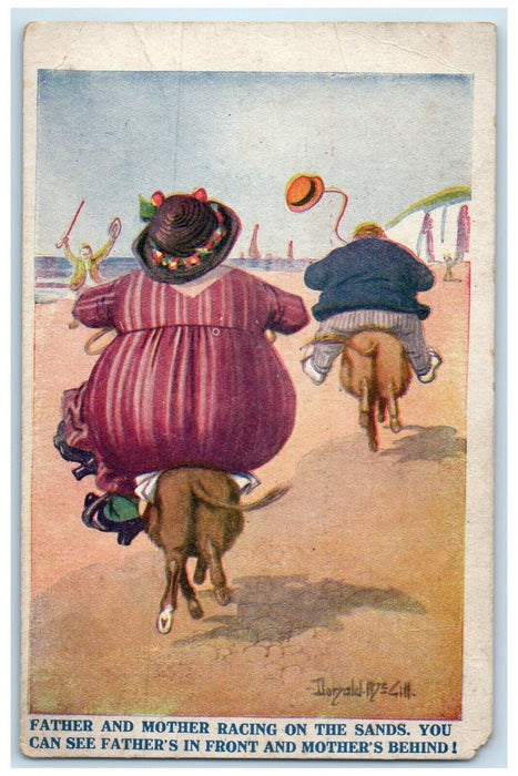 c1910's Father And Mother Racing On The Sands Fat Joke Humor Bamforth Postcard