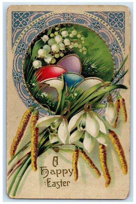 1914 Happy Easter Flowers Eggs Cattail Gel Gold Gilt Akron OH Antique Postcard