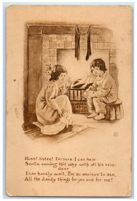 c1910's Christmas Children Waiting Santa Claus Stockings Fireplace Postcard