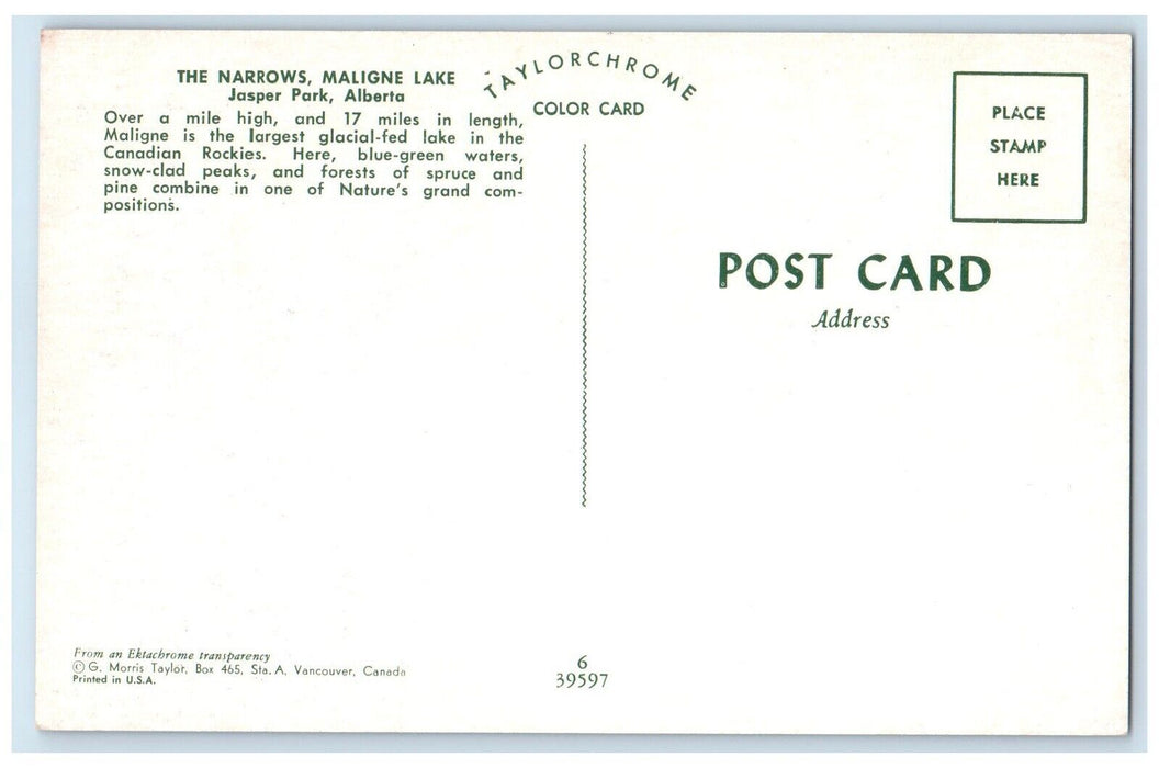 c1960's The Narrows Maligne Lake Jasper Park Alberta Canada Vintage Postcard