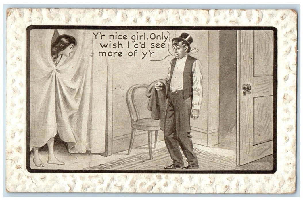 1910 Drunk Man Your Nice Girl Risque Humor Detroit Michigan MI Antique Postcard