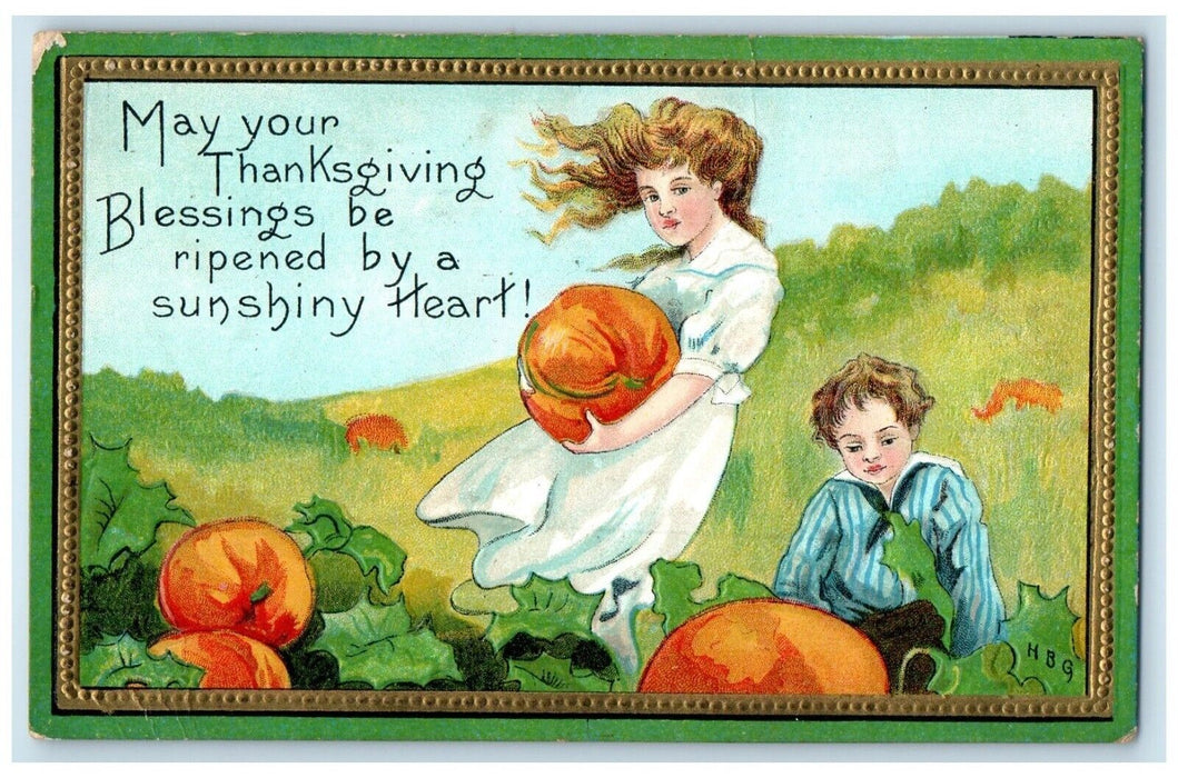 1910 Thanksgiving Blessings Children Harvesting Pumpkin Columbus OH Postcard