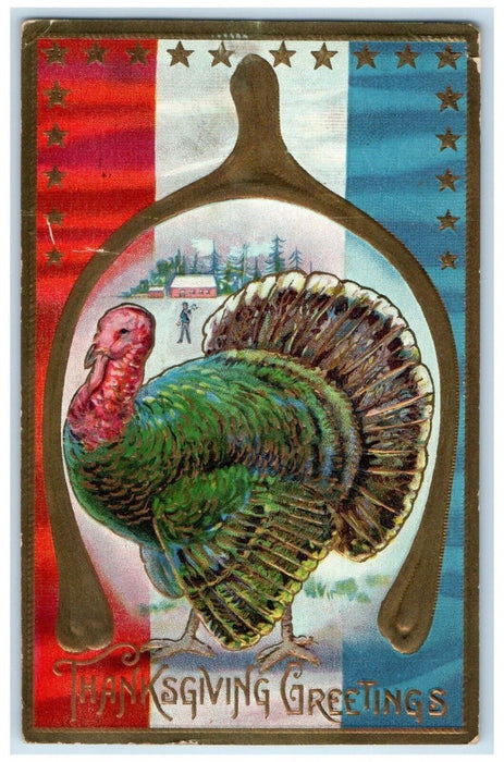 1909 Thanksgiving Greetings Turkey Under Wishbone Fort Wayne IN Antique Postcard