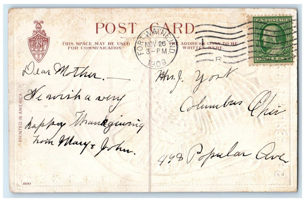 1909 Thanksgiving Greetings Turkey Under Wishbone Fort Wayne IN Antique Postcard