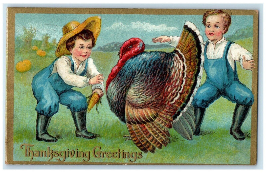 1910 Thanksgiving Greetings Boys With Corn Caching Turkey Columbus OH Postcard