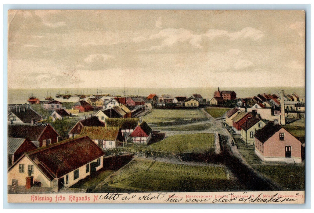 c1910 Houses View Greetings from Hoganas Sweden Antique Posted Postcard