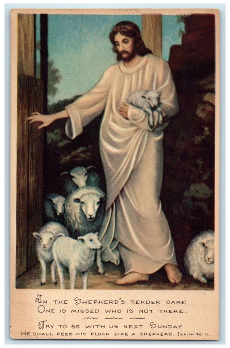 1951 Jesus In The Sheperd's Tender Care Lamb Bucyrus Ohio OH Vintage Postcard