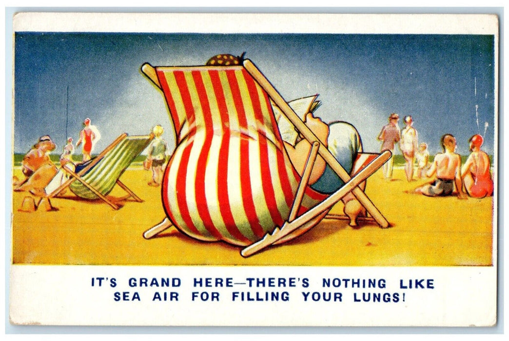 c1910's Fat Woman Big Butt At The Beach There's Nothing Like Sea Air Postcard