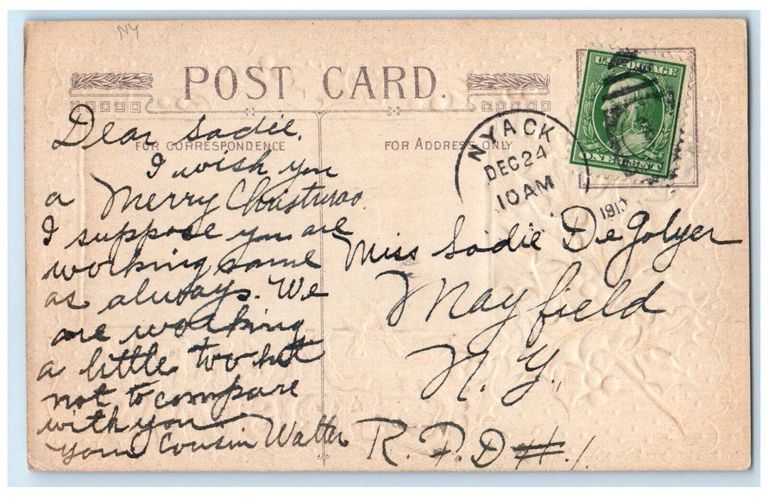 1910 Merry Christmas Deer Winter Holly Berries Embossed Nyack NY Posted Postcard